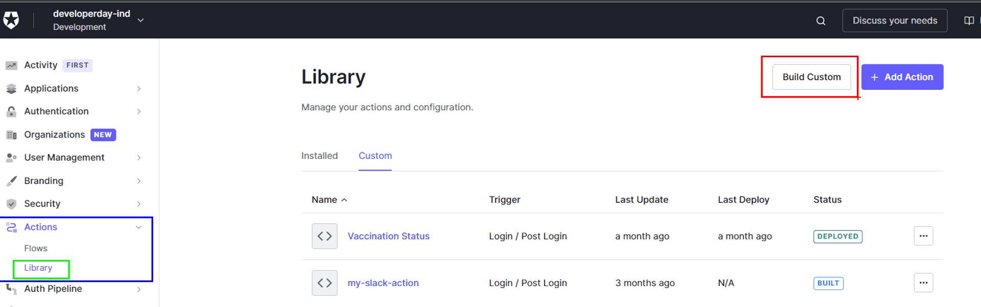 Auth0 Page with a button named "Build Custom" alongside another button to "Add Action; below them a table of existing actions