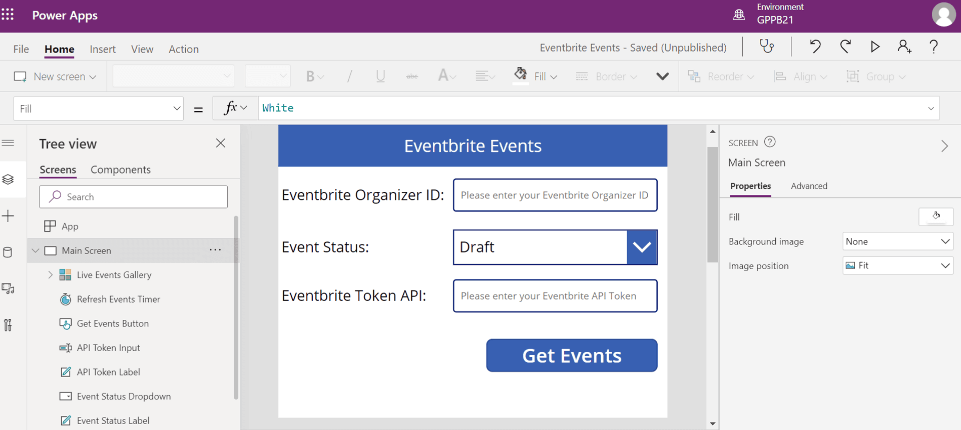 Get Events Canvas Power App