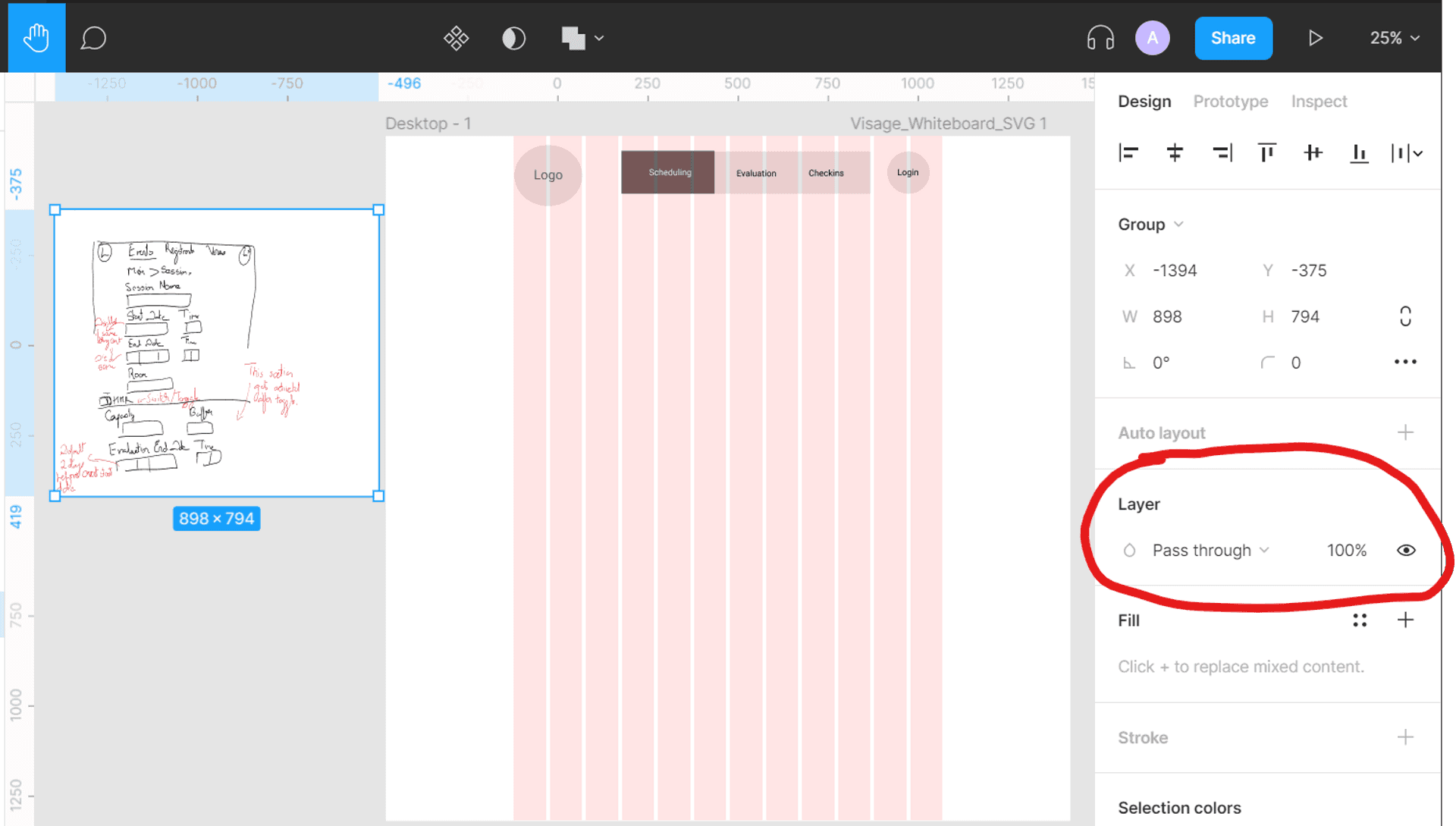 Figma first draft using Layout Grid with SVG wireframe to the left