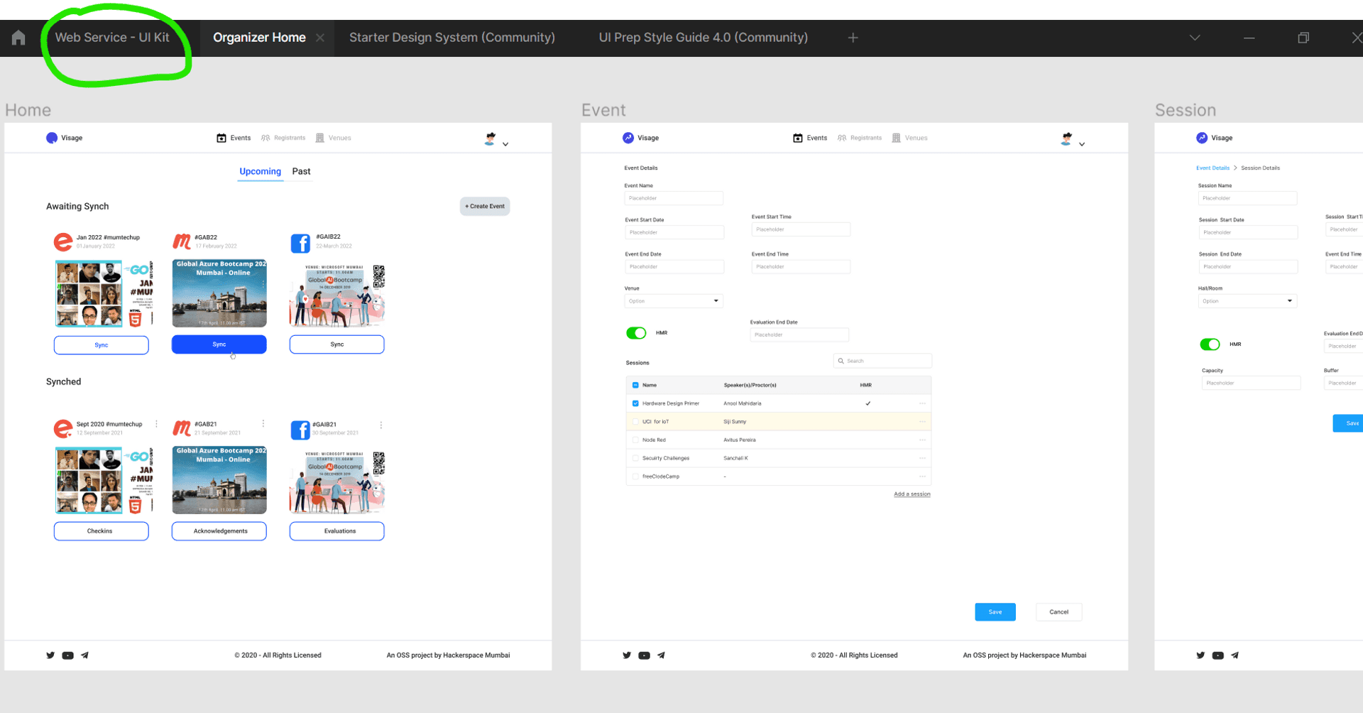 Visage's Final three Figma Frames for each of the pages. A tab, within the Figma App toolbar, of a community toolkit is circled in green