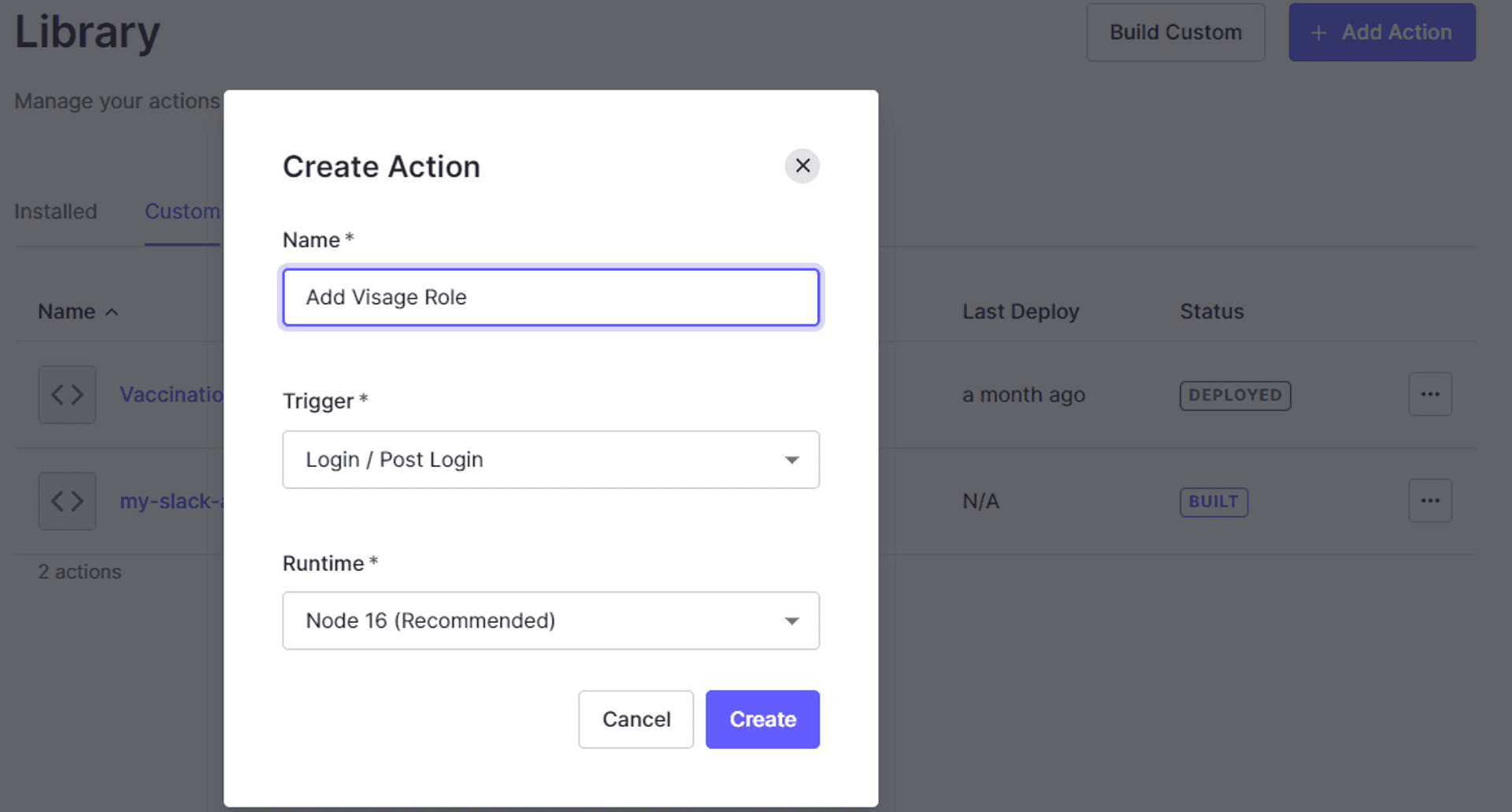 A modal Auth0 Action Create with 3 input elements