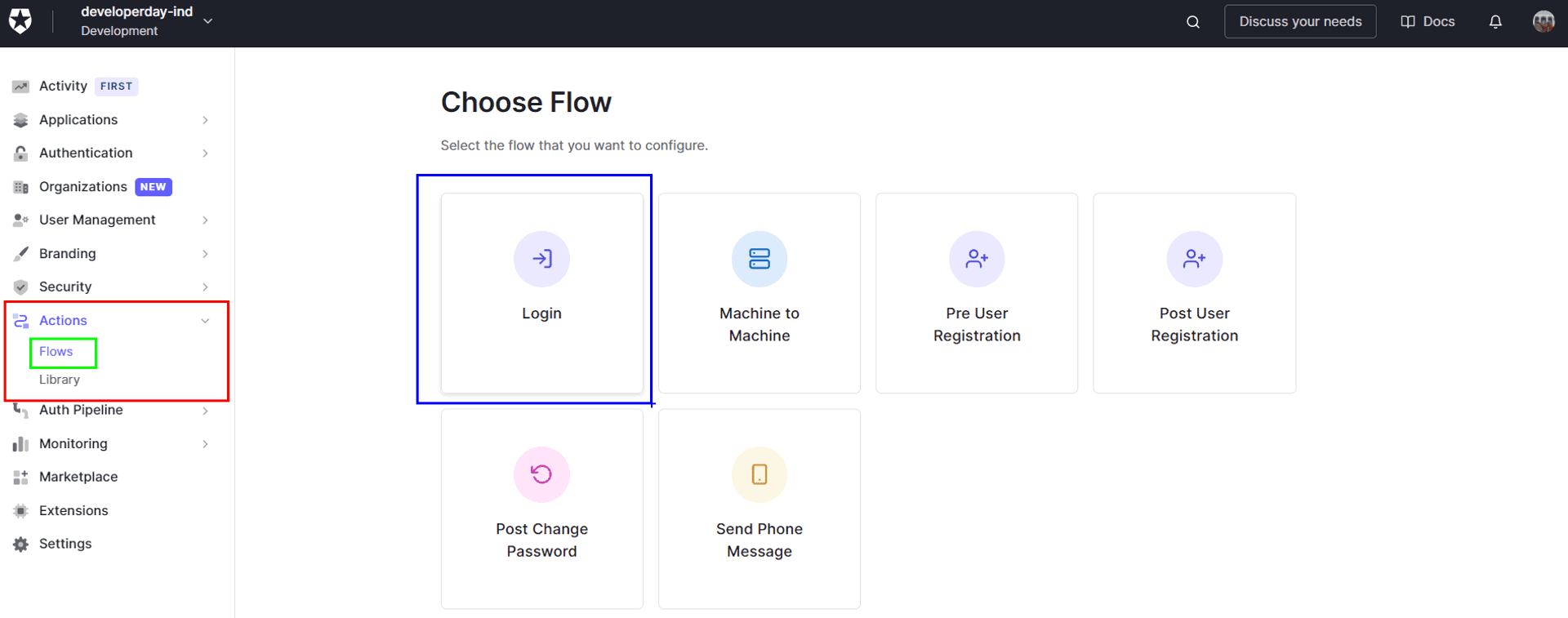 The Flow Page under the Action Tab is highlighted. The different available flows are listed in a card format