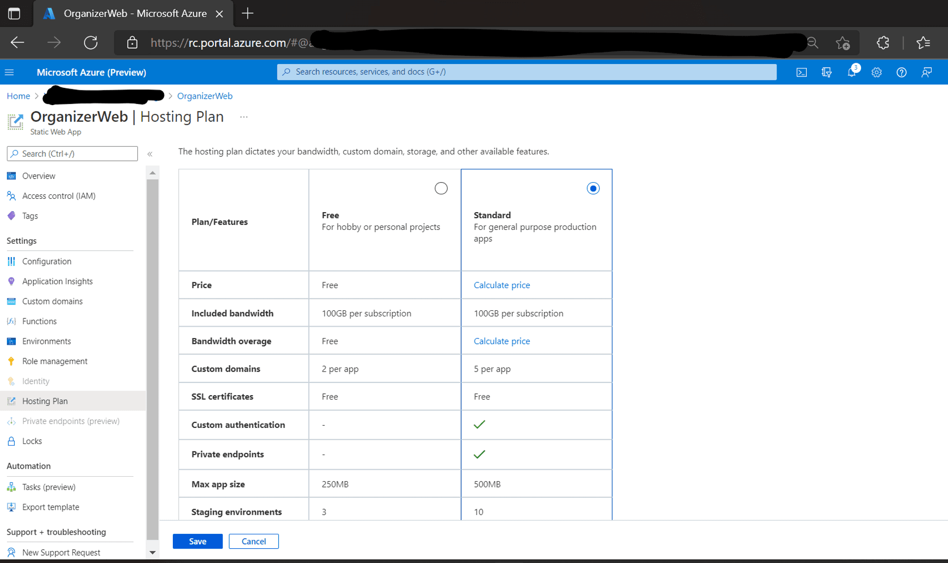 Hosting Plan tab on the Azure SWA 