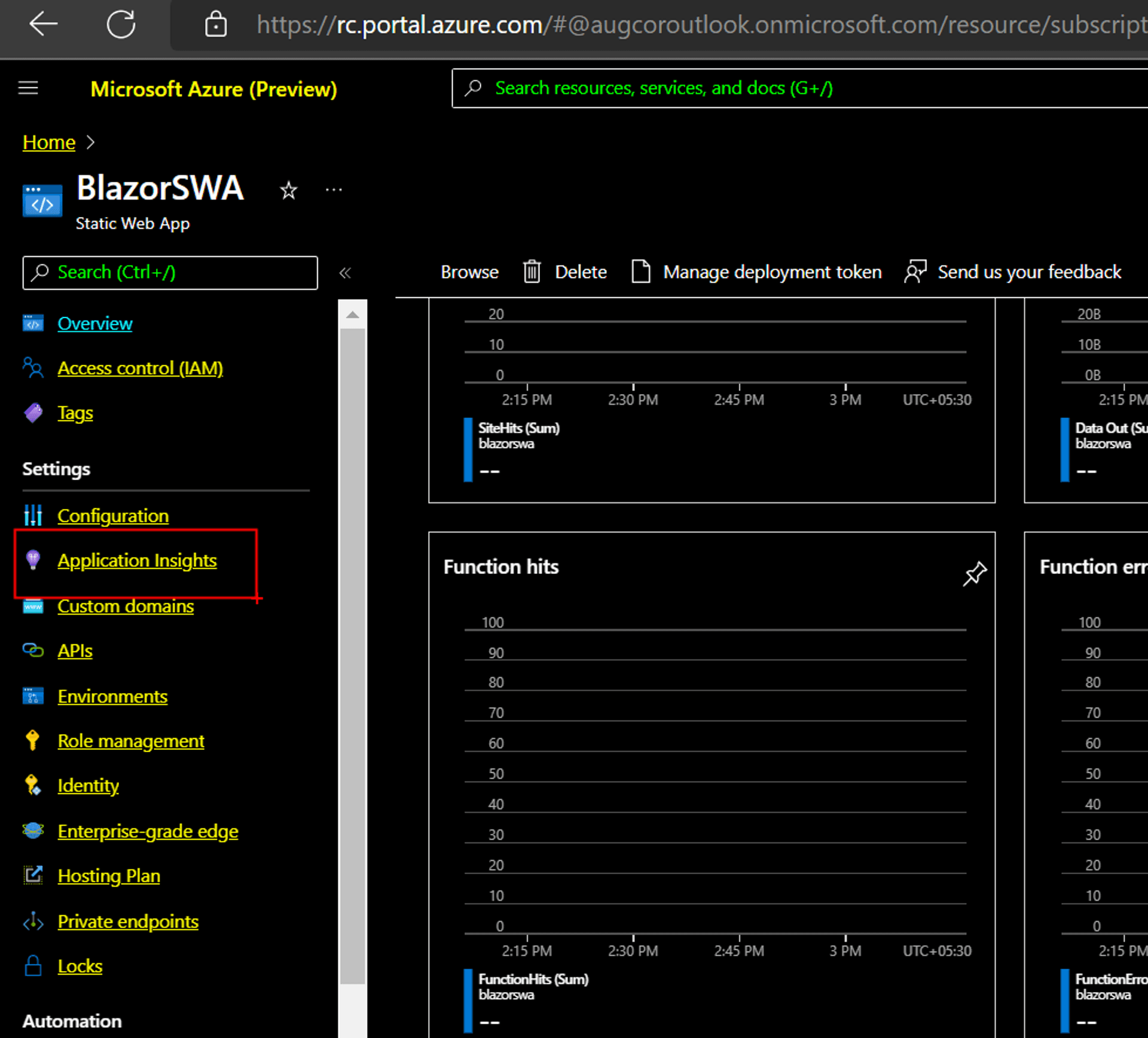 Application Insight tab is highlighted within the Azure Static Web App blade on the Azure Portal