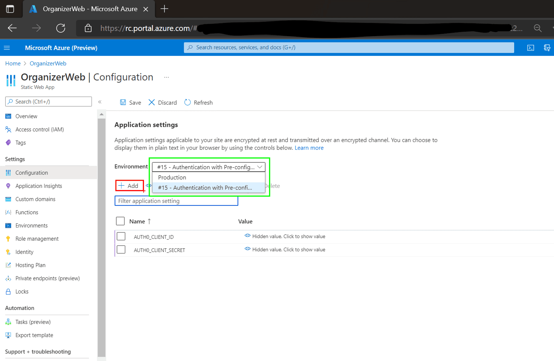 Configuration settings on the Azure SWA blade of the Azure Portal