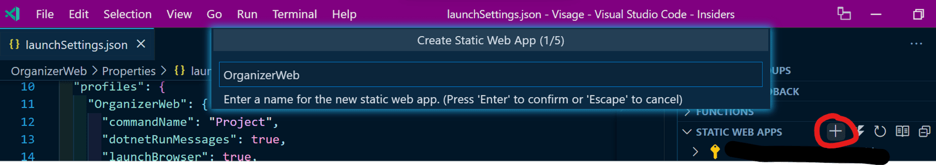 Azure SWA extension with the plus icon circled in red