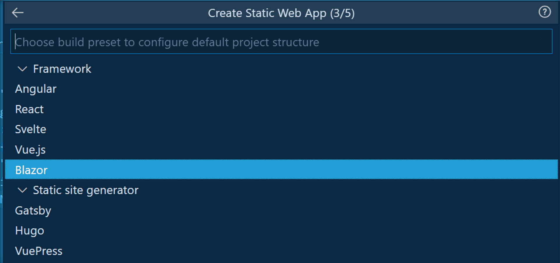 Azure SWA extension dialogue box with a dropdown displaying different frontend frameworks