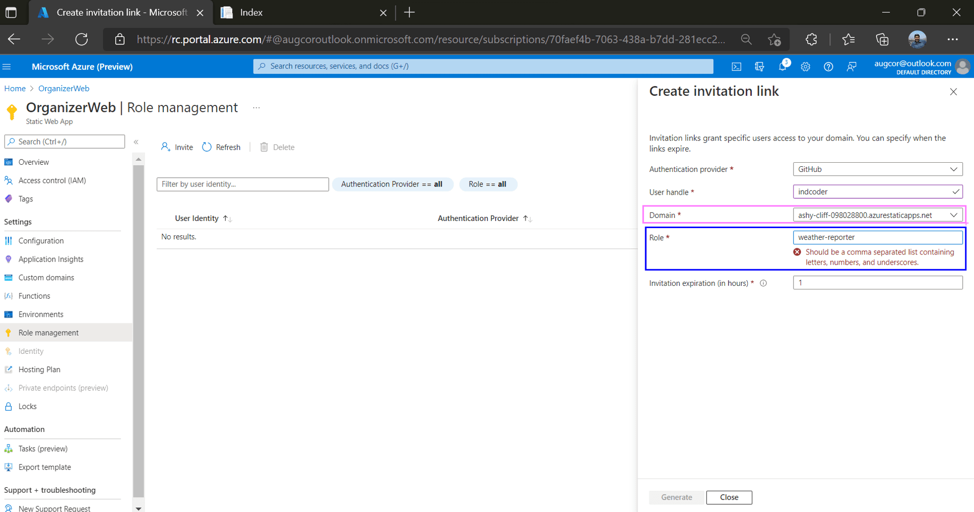 Azure SWA Role invitation tab