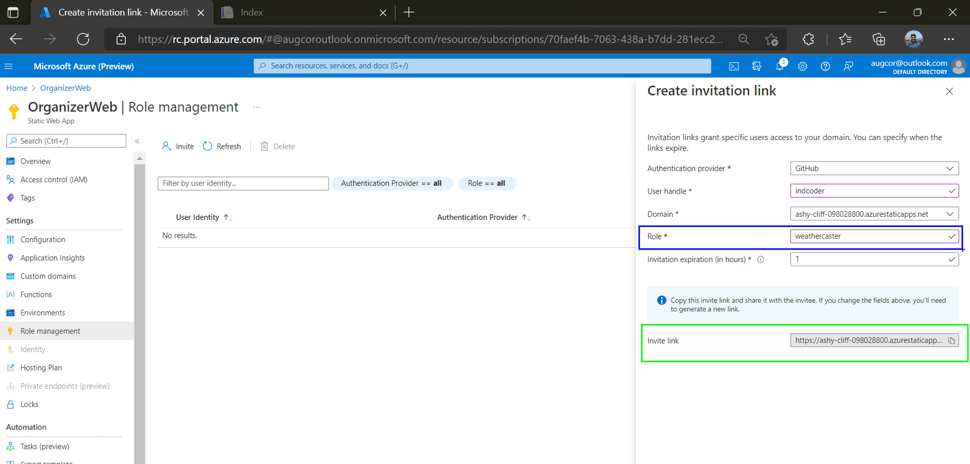 Role Management page in Azure Portal with weathercaster entered in the role text area