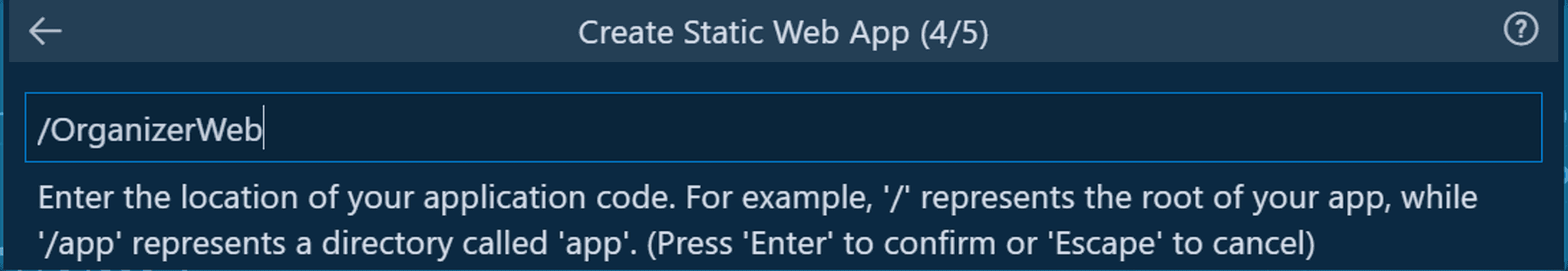 Azure SWA extension dialogue box with a textbox filled with the source folder location