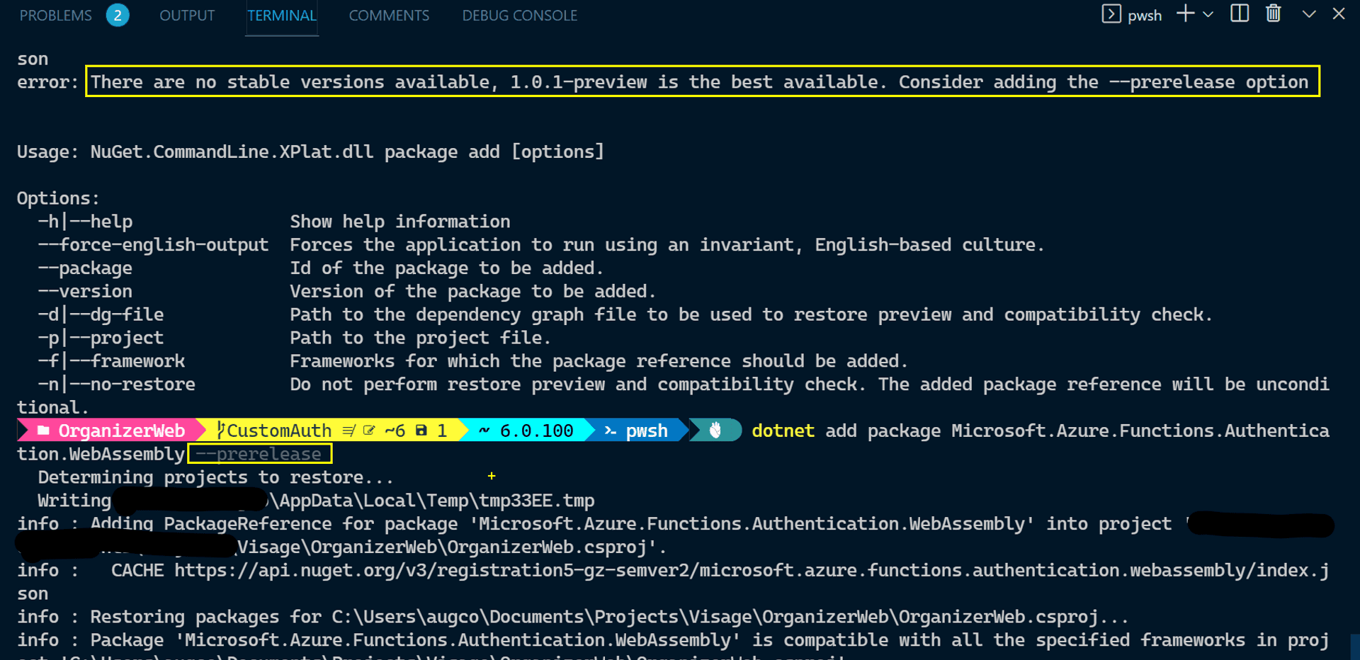 VS Code terminal showing dotnet add package failing with a request to use prerelease version