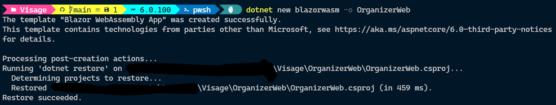 dotnet new command creating a Blazor WASM project with the terminal logs showing the output