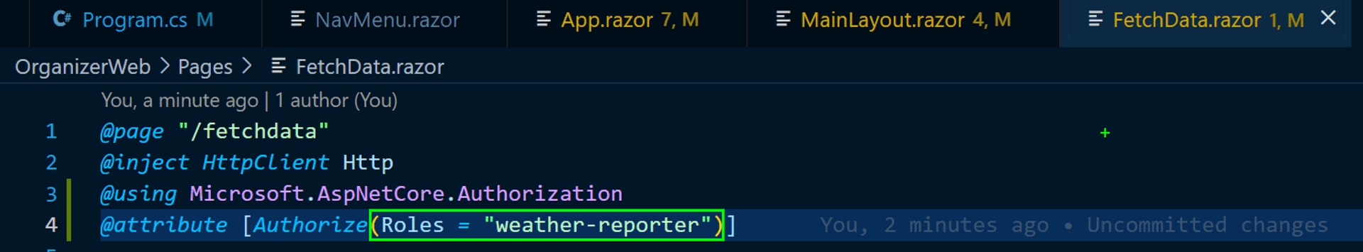 fetch data code with Authorize attribute amended with weather-reporter role