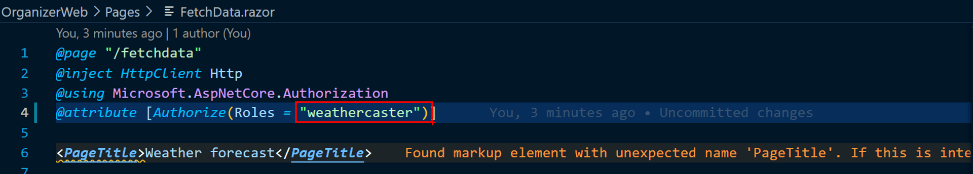 Role in Authorize attribute changed to weather caster in Fetch data razor page 