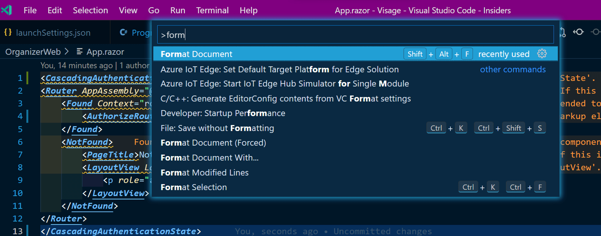 VS Code Command Palette dropdown with Format Document as the first option
