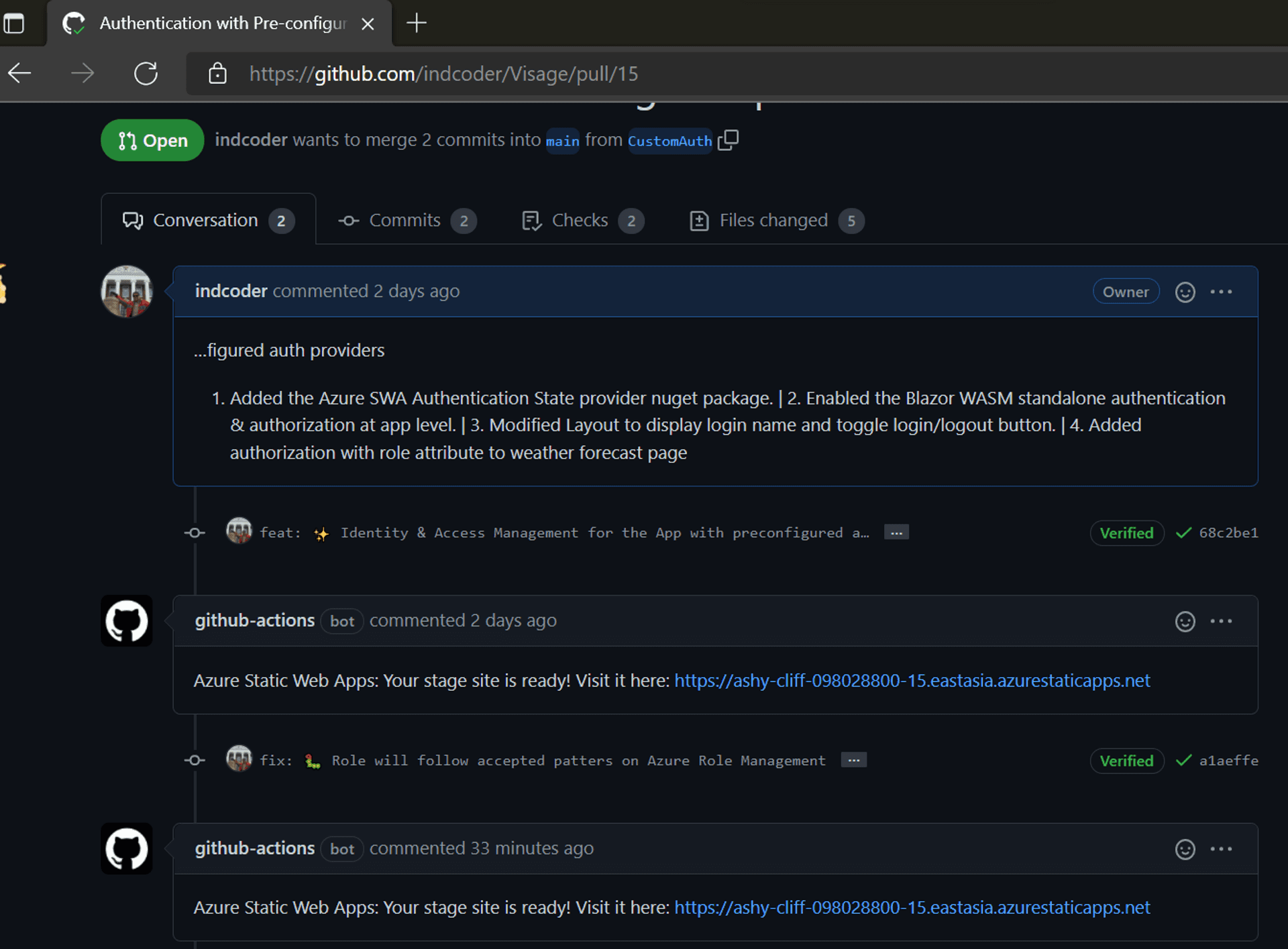 Visage GitHub Actions page with Azure SWA comments with stage URL
