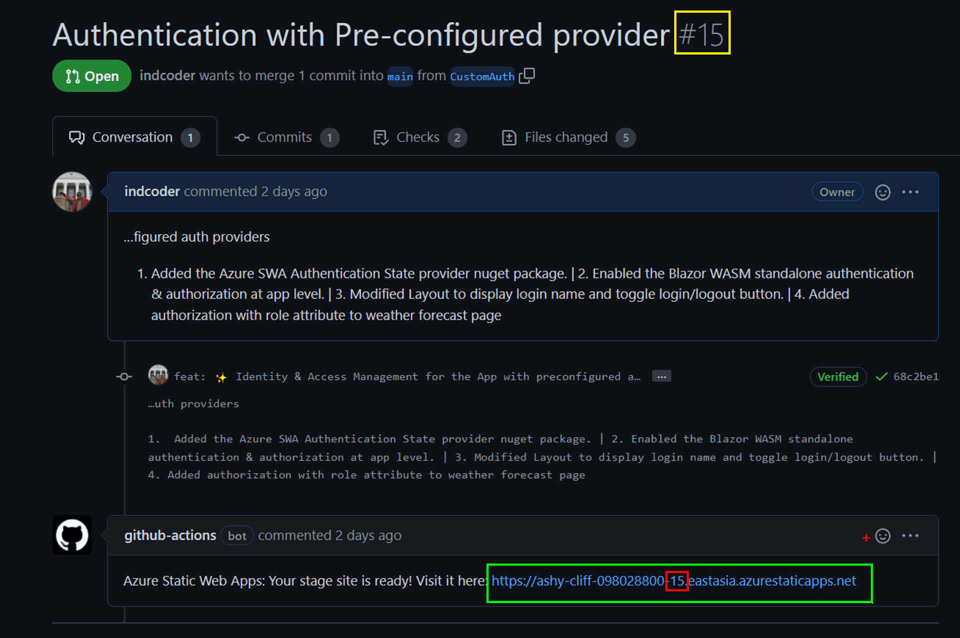 GitHub Pull Request Page showing the automated comment with the stage URL. The Pull Request on the page is highlighted, and so too is the Stage URL in the comments