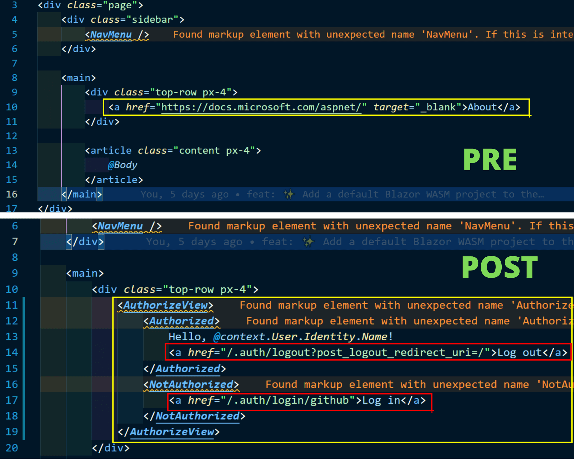 Pre and post of the main layout page