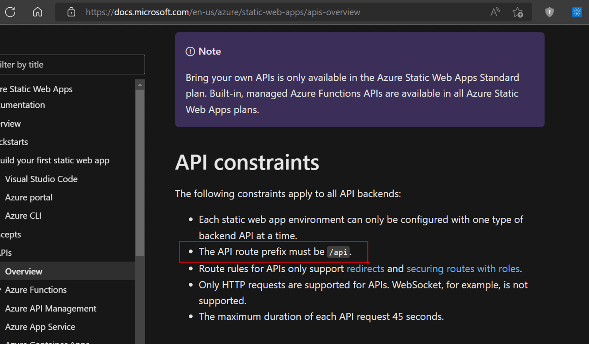 Text about API route nomenclature highlighted in red