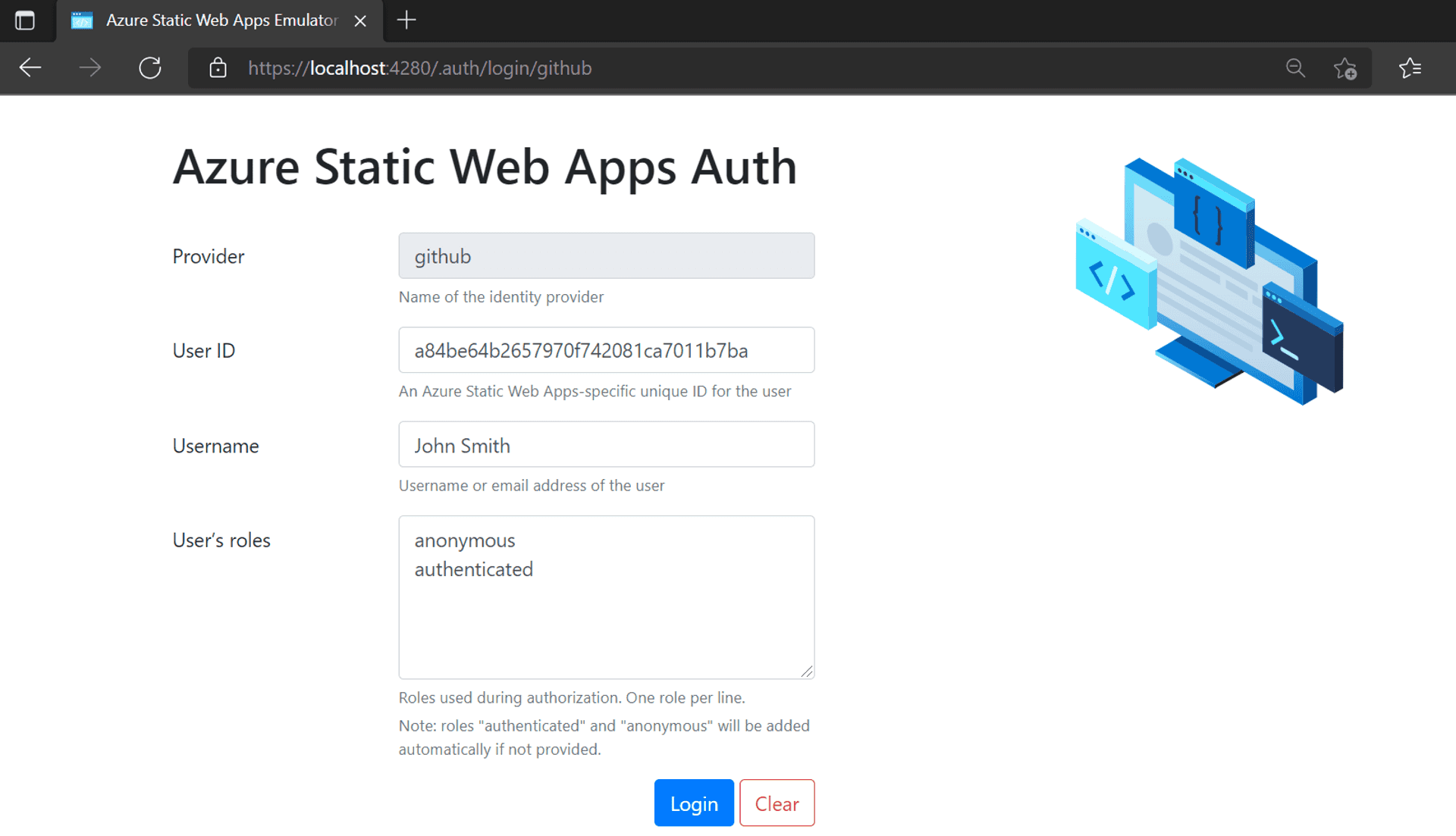 SWA CLI emulation of Azure SWA authentication