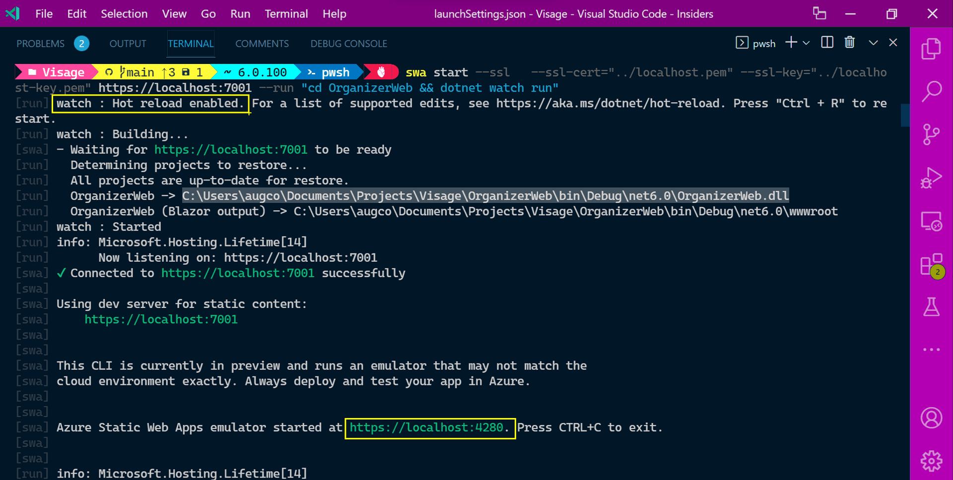 SWA CLI terminal logs with hot reload, and SSL-enabled URL highlighted