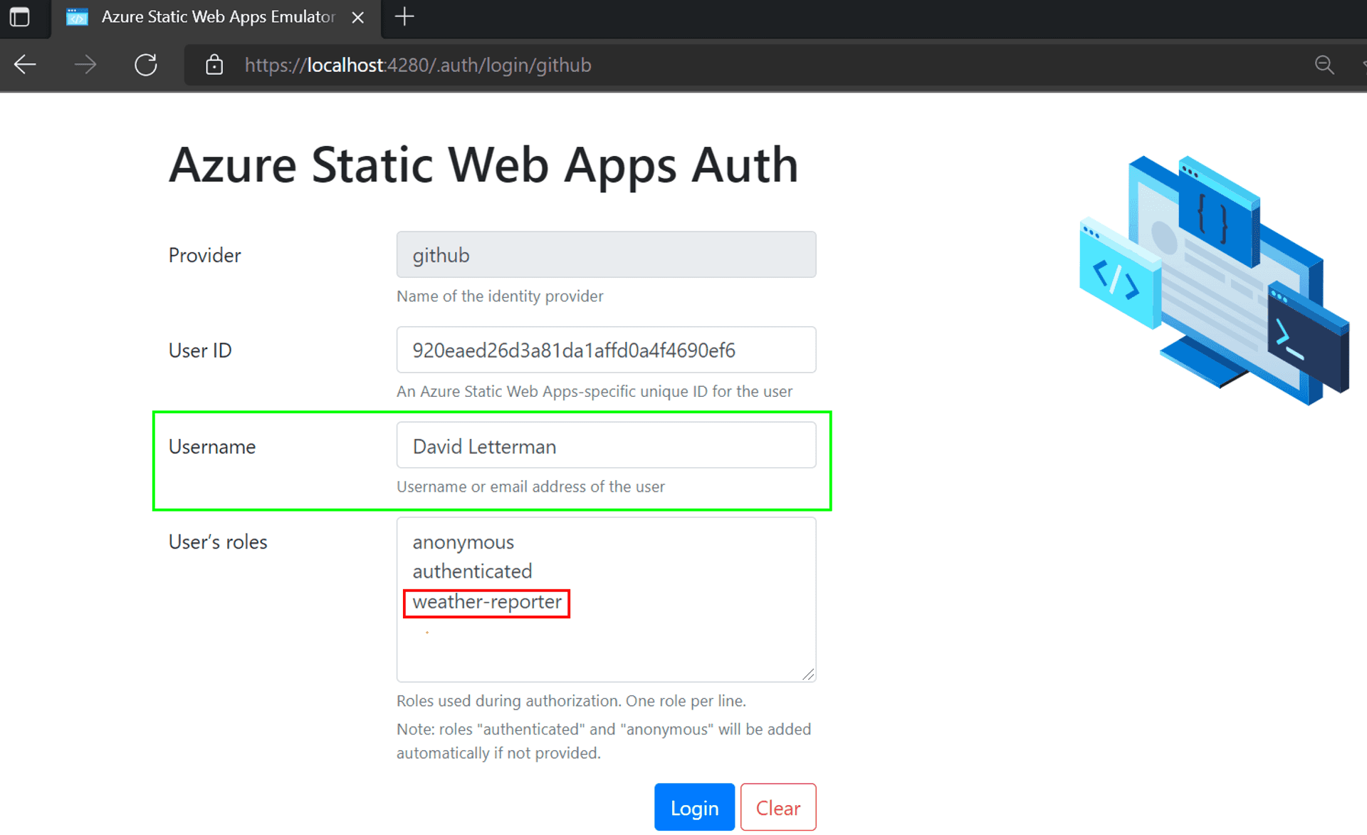 Azure SWA CLI emulator with username as David Letterman and role as weather-reporter