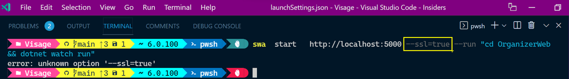 SWA CLI SSL option fail