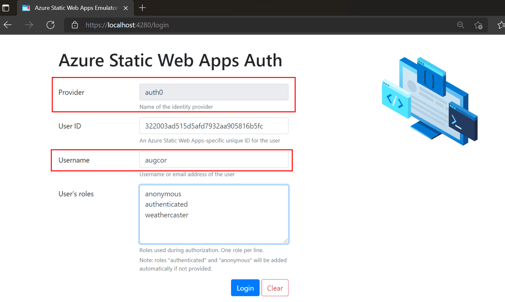 Azure SWA emulator with the provider and username inputs highlighted in red