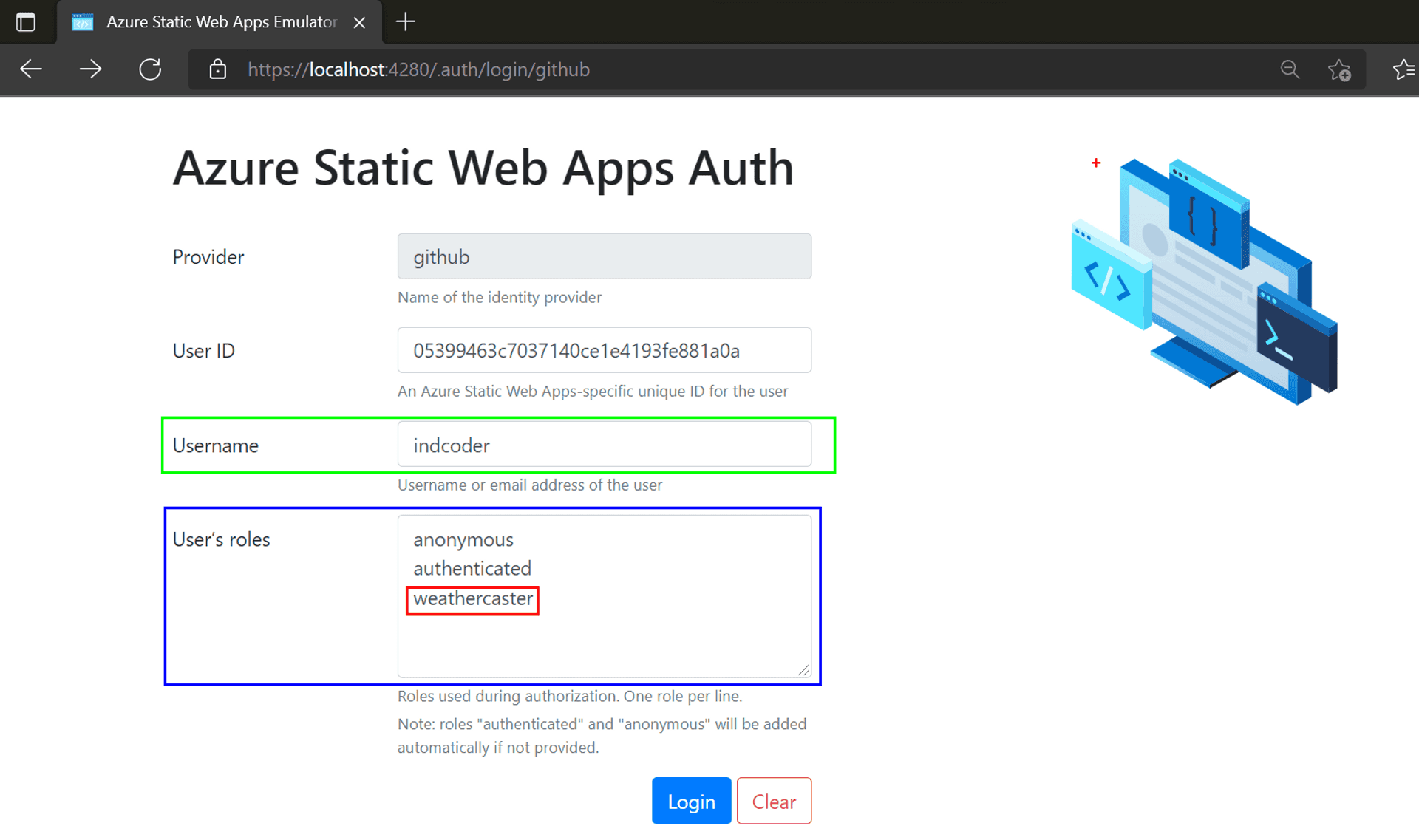 SWA CLI authentication emulator page with username filled with Github Profile name and weathercaster added to the list of roles