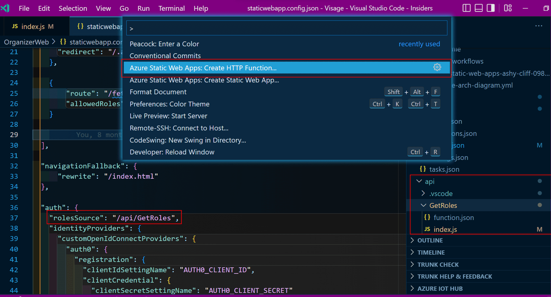 VS Code with highlights of the Command Palette, SWA config file in the code editor tab and thenewly created folder and files under the File Explorer