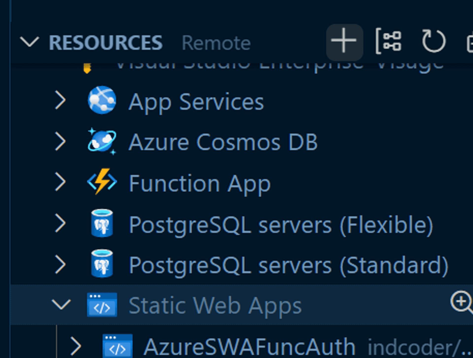 The Azure VS Code extension is expanded out and its various resources are visible