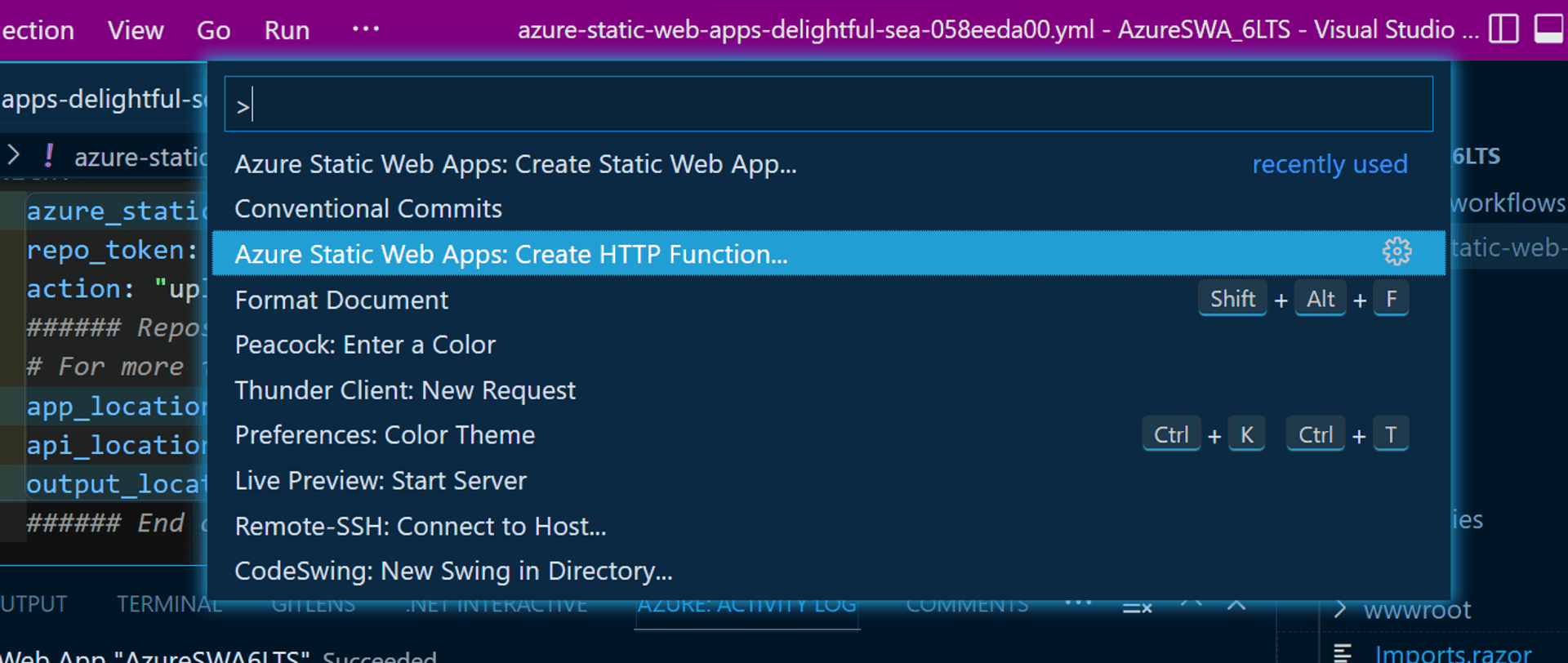 VS Code extension command palette expanded with the Create API command in the middle of the list