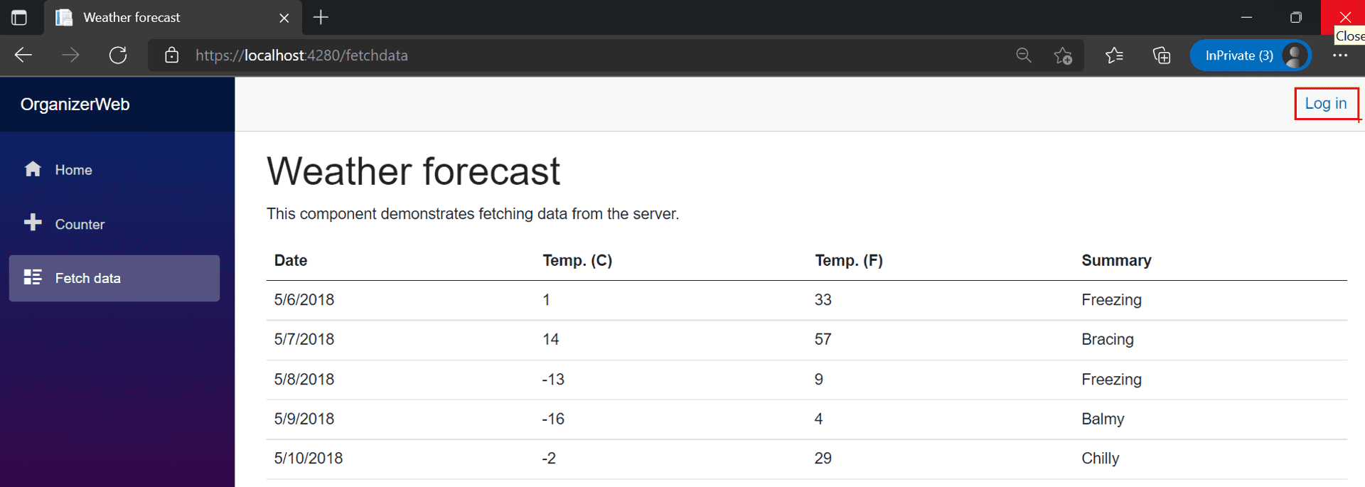 Weather Forecast page with the Login