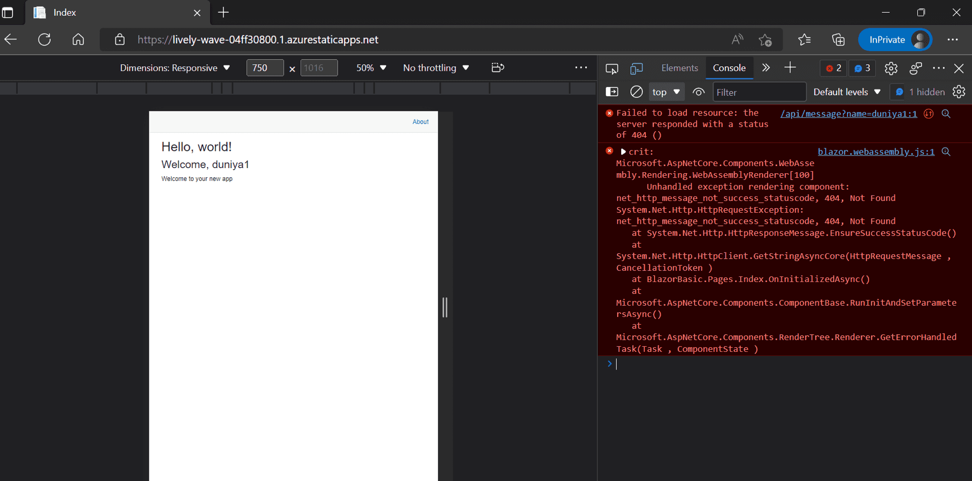 Weather browser opened in browser with the developer tool console opened side by side and riddled with http error code