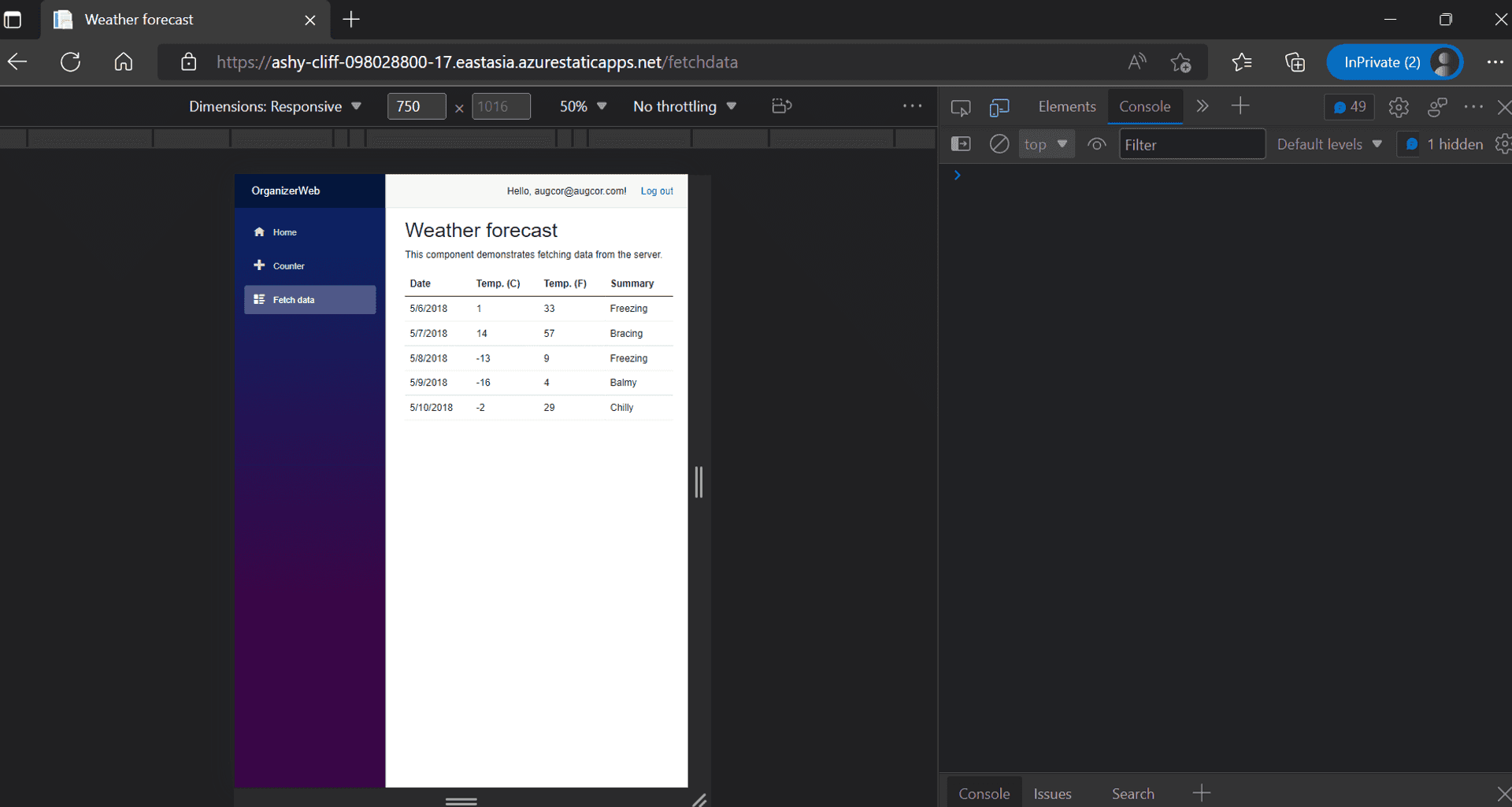 Weather forecast with Auth0 provided login show and side-by-side browser developer console is shown