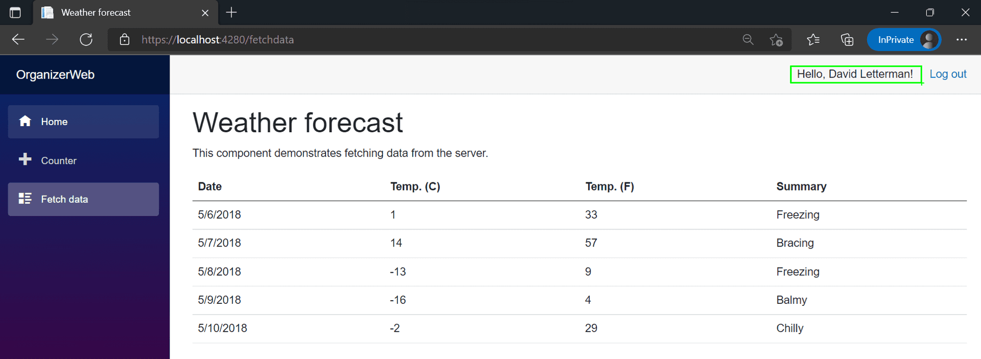 Weather Forecast page successfully displayed with David Letterman highlighted in green